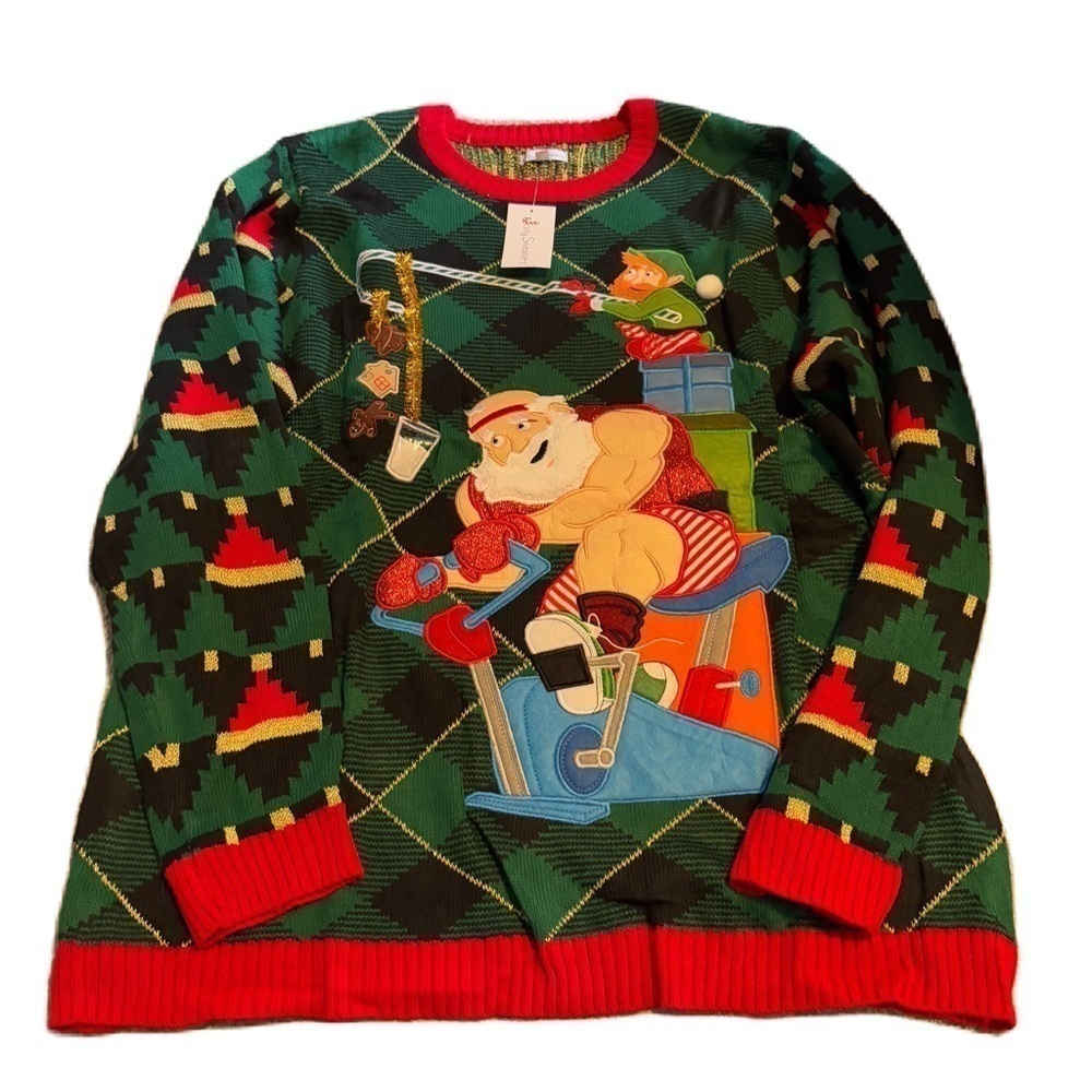 Ugly Christmas Sweater Santa Exercising Biking Cycling NEW 3X Cookies Milk